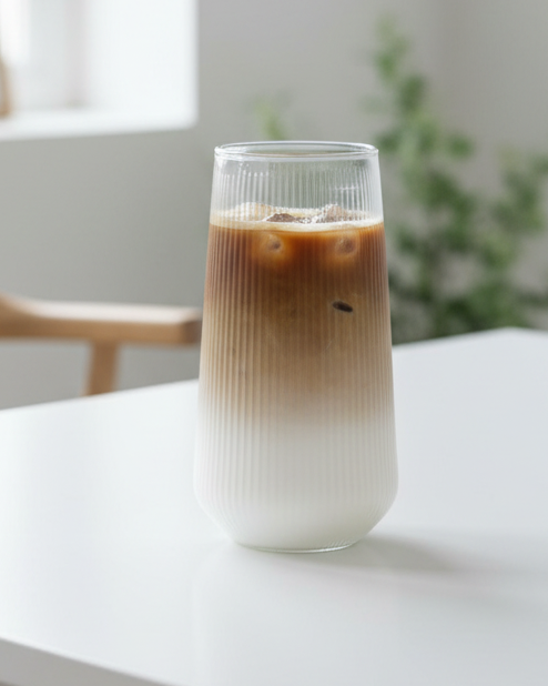 Ribbed glass iced coffee cup by Starlight Express, clear kitchen and dining drinkware for cold beverages.
