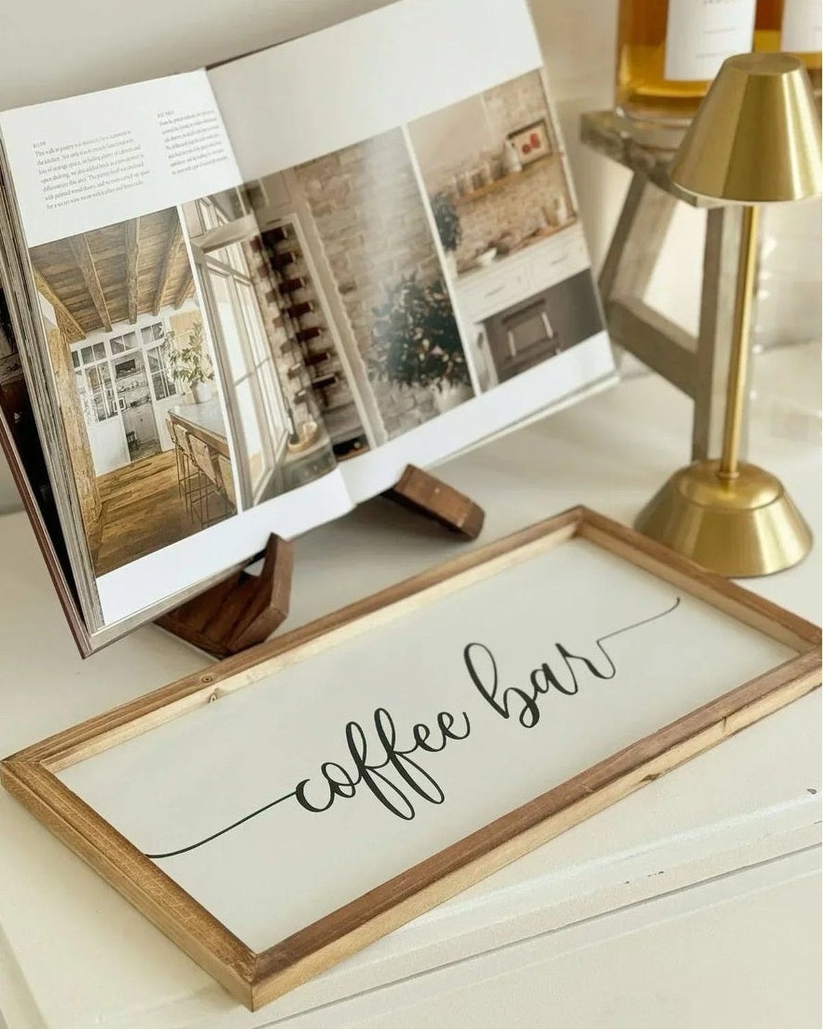 Dark wood book stand by Starlight Express, rustic home decor piece suitable for kitchen or dining room wall display.