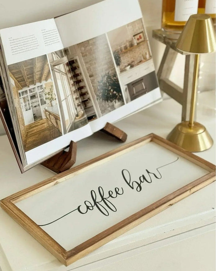 Dark wood book stand by Starlight Express, rustic home decor piece suitable for kitchen or dining room wall display.