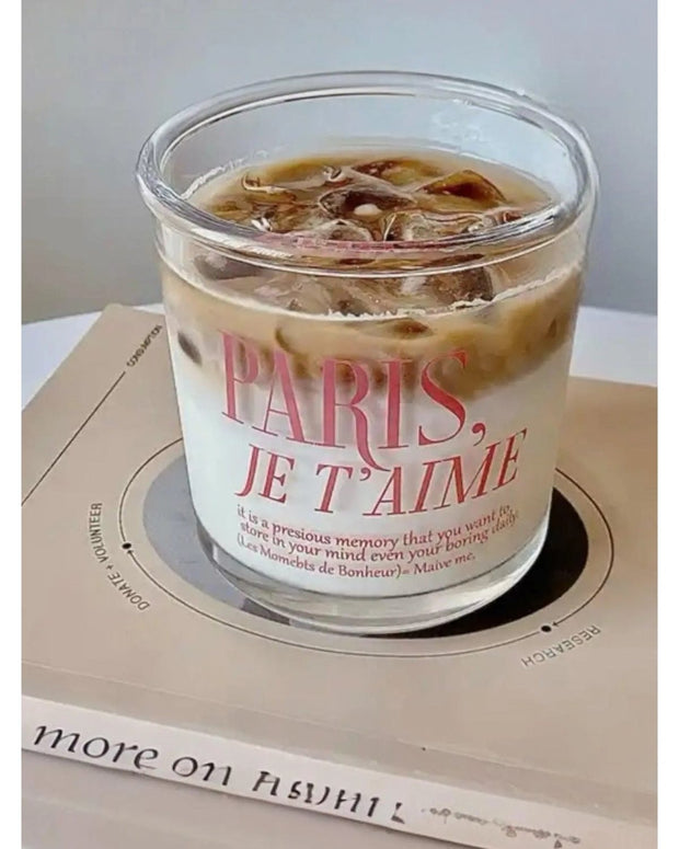White glass coffee cup with "Paris, Je T'aime" inscription from Starlight Express, ideal for kitchen and dining use.