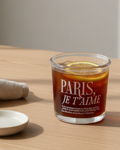 White glass coffee cup with Paris, Je T'aime design from Starlight Express, ideal for kitchen and dining use.