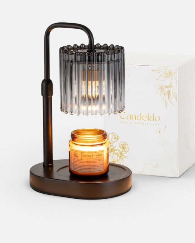 LED Candle Warmer Lamp With Black Glass Ribbed Shade