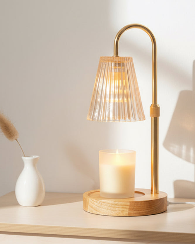 Starlight Express LED white candle warmer lamp with glass ribbed shade, ideal for cozy lighting and decorative ambiance.