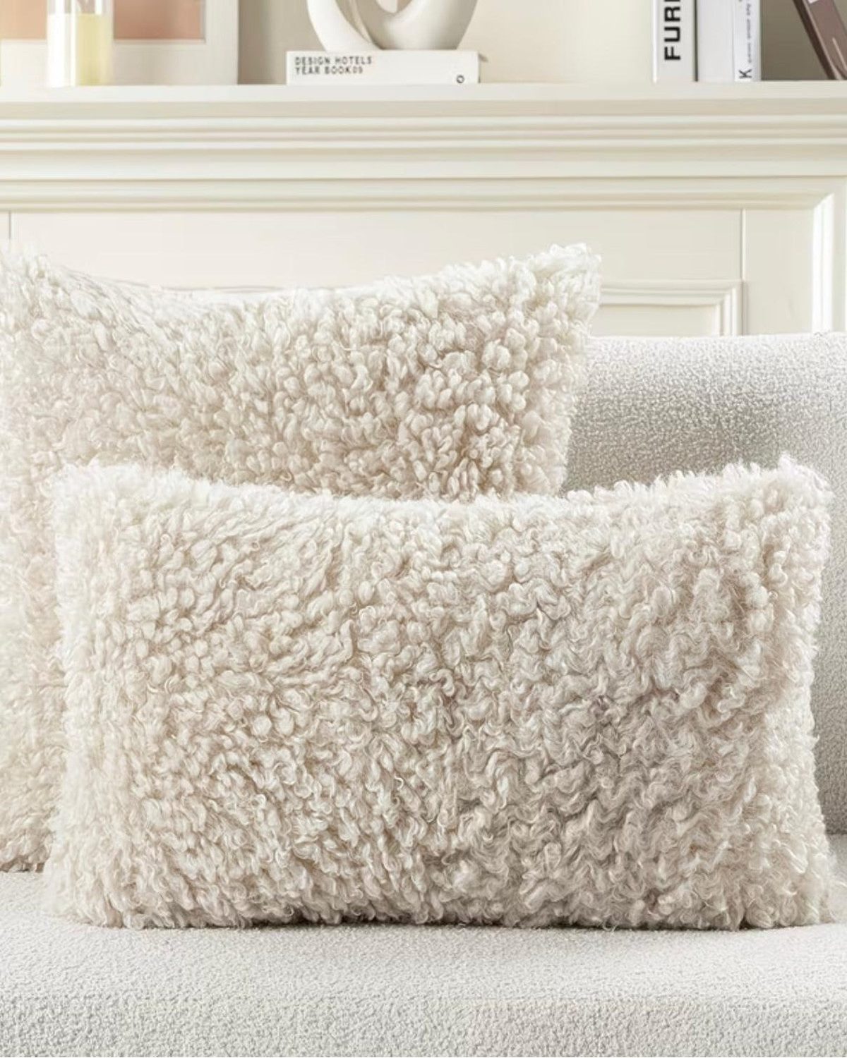 Beige rectangle boucle cushion cover from Starlight Express, soft furnishings with textured boucle fabric for cozy decor.