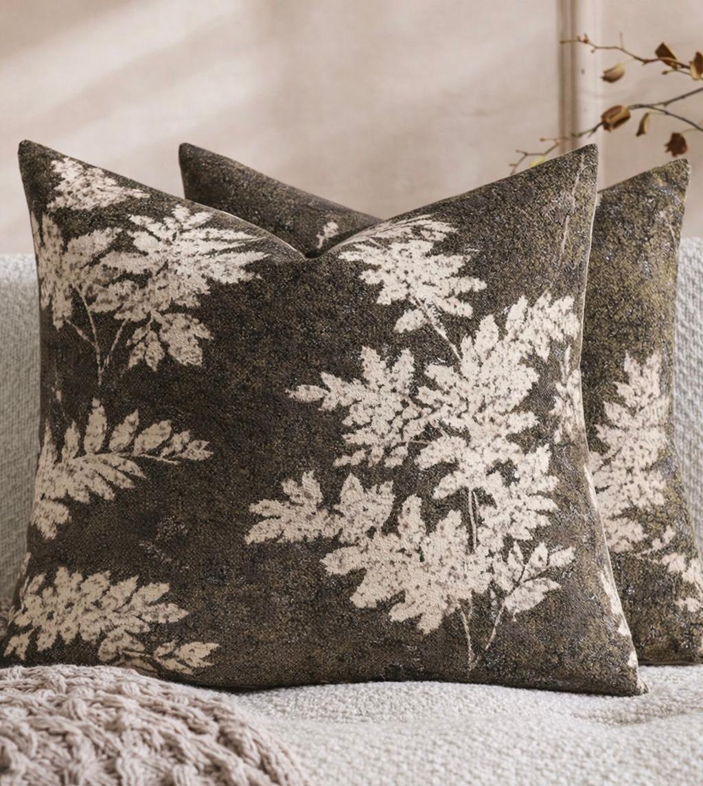 Brown and olive green leaf cushion cover from Starlight Express, soft furnishings with nature-inspired leaf pattern.