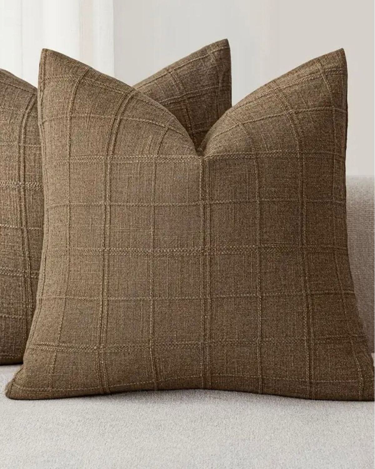 Chocolate brown woven square design cushion cover from Starlight Express, soft furnishings with textured fabric and decorative pattern.