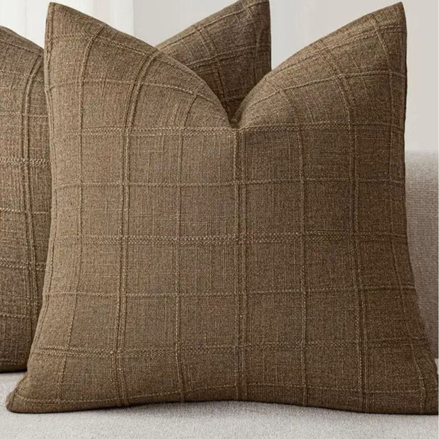 Chocolate brown woven square design cushion cover from Starlight Express, soft furnishings with textured fabric and decorative pattern.