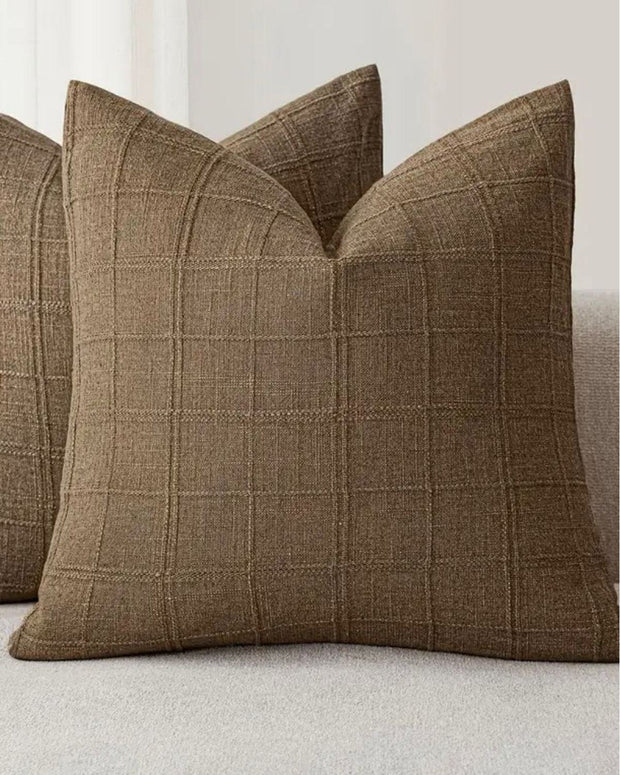 Chocolate brown woven square design cushion cover from Starlight Express, soft furnishings with textured fabric and decorative pattern.