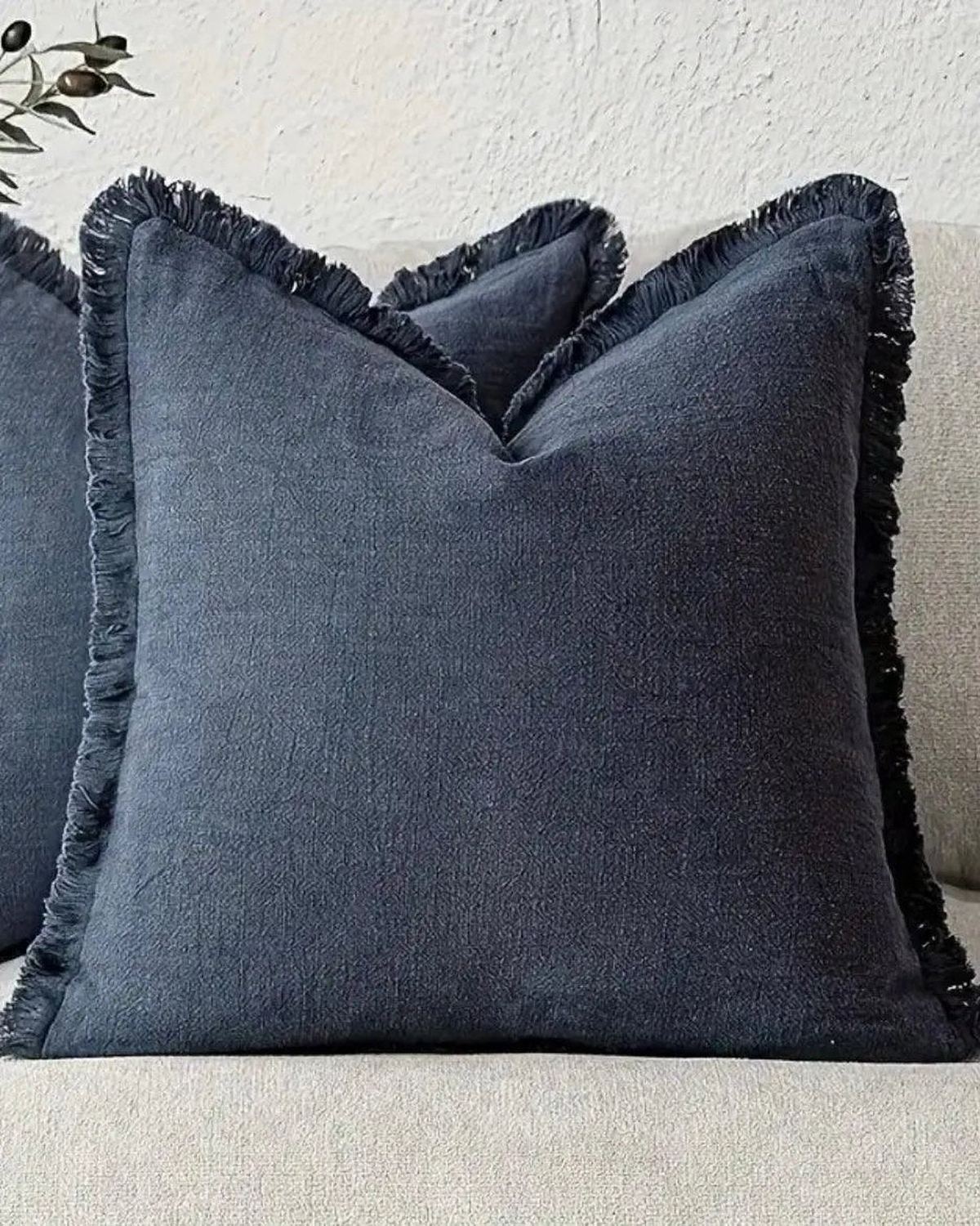 Navy blue cushion cover with frayed edge design from Starlight Express, soft furnishings accessory for stylish home decor.