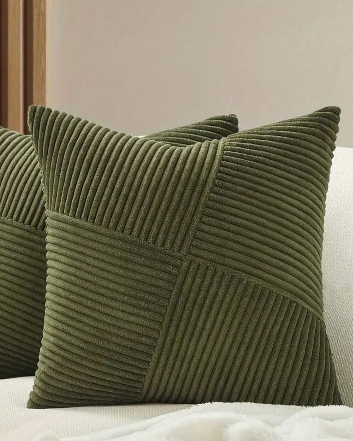 Olive green square cushion cover with chevron design from Starlight Express, soft furnishings for stylish home decor.