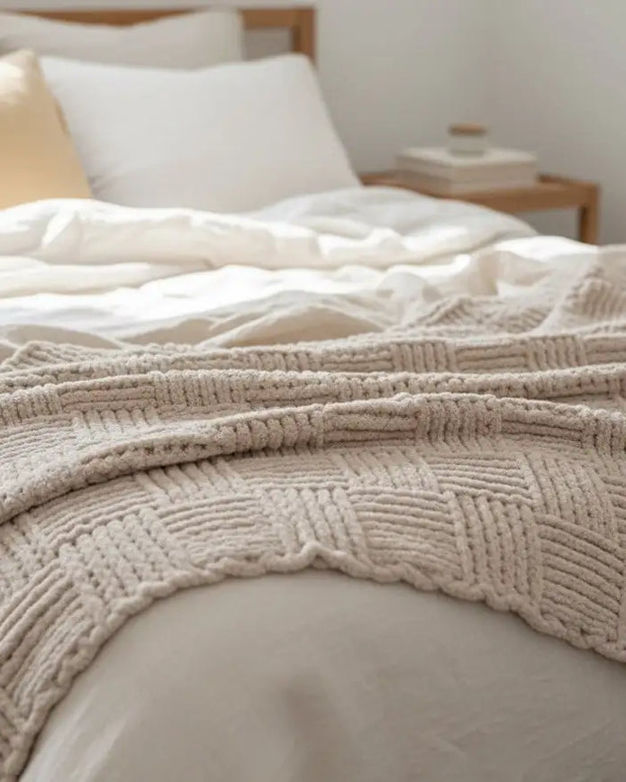 Beige checkered chenille chunky knit blanket throw from Starlight Express, soft and cozy for living room or bedroom decor.