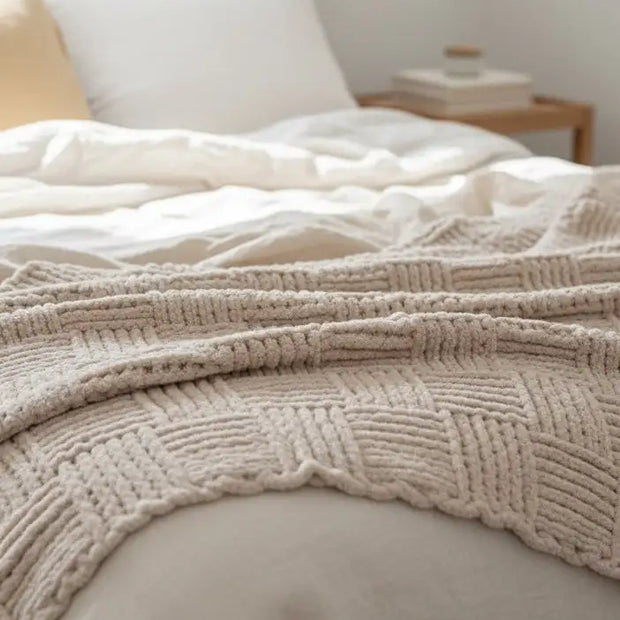 Beige checkered chenille chunky knit blanket throw from Starlight Express, soft and cozy for living room or bedroom decor.