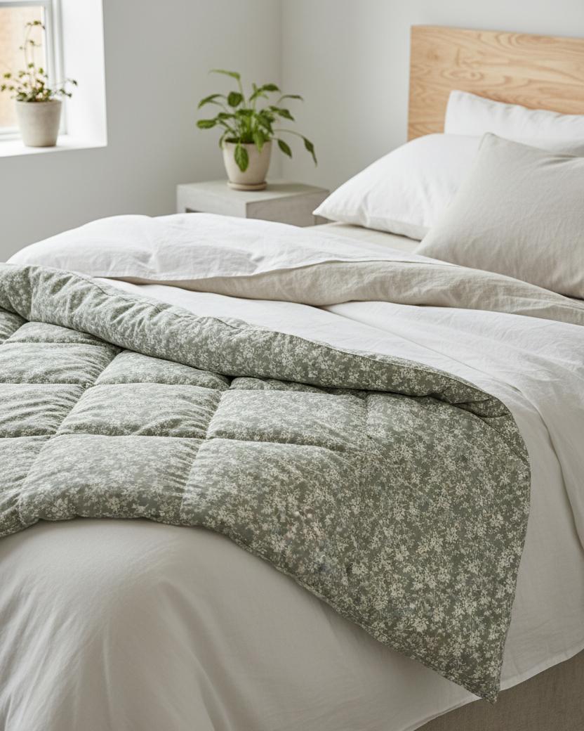 Sage green floral queen-sized quilt by Starlight Express, soft furnishings with intricate floral pattern and cozy fabric.