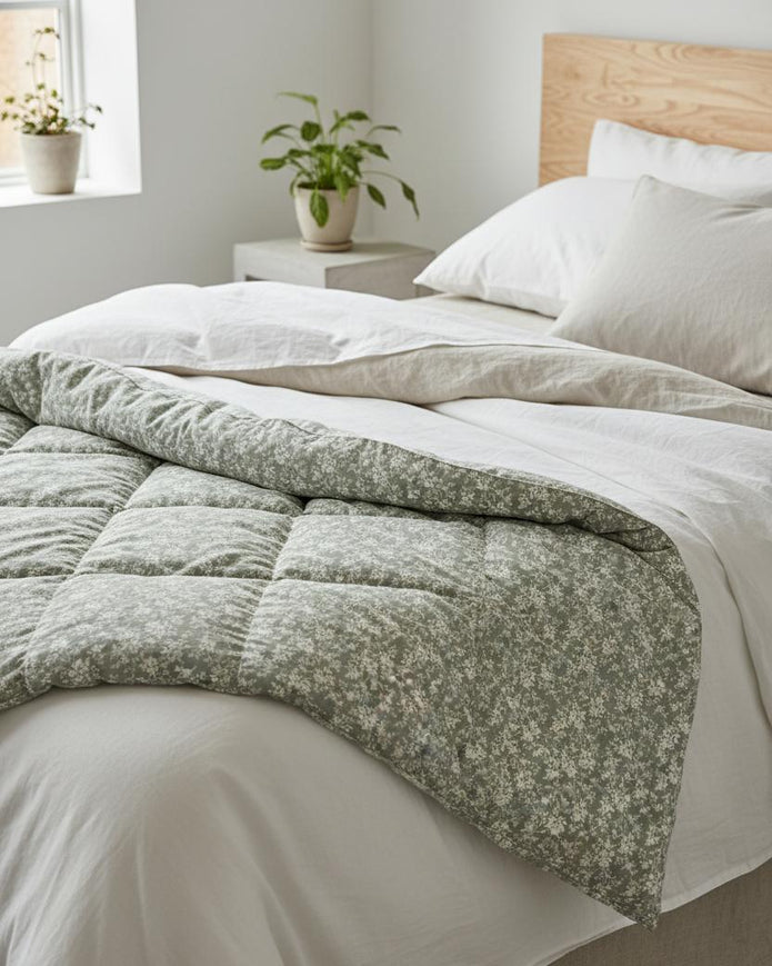 Sage green floral queen-sized quilt by Starlight Express, soft furnishings with intricate floral pattern and cozy fabric.
