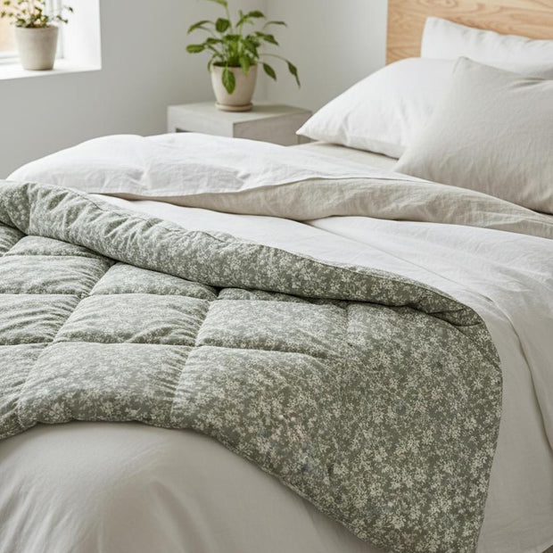 Sage green floral queen-sized quilt by Starlight Express, soft furnishings with intricate floral pattern and cozy fabric.