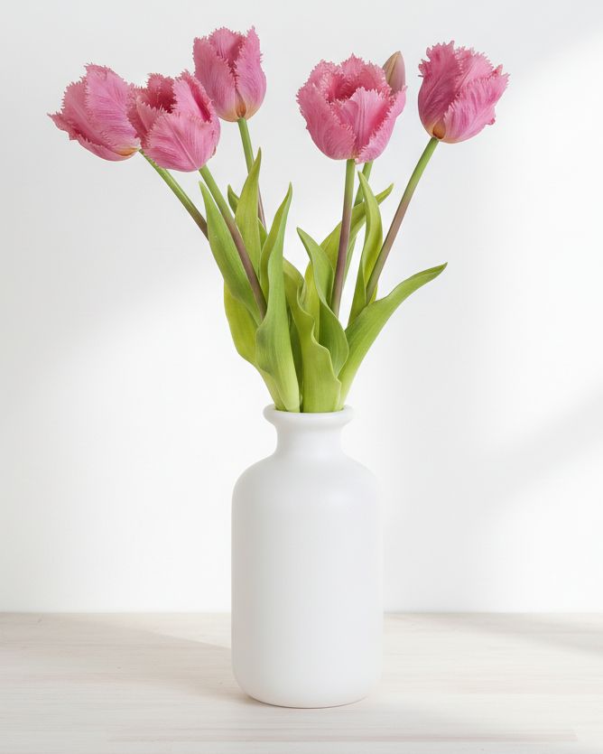 Bunch of 5 pink artificial Parrot Tulip stems from Starlight Express, spring floral arrangement with vibrant pink flowers.