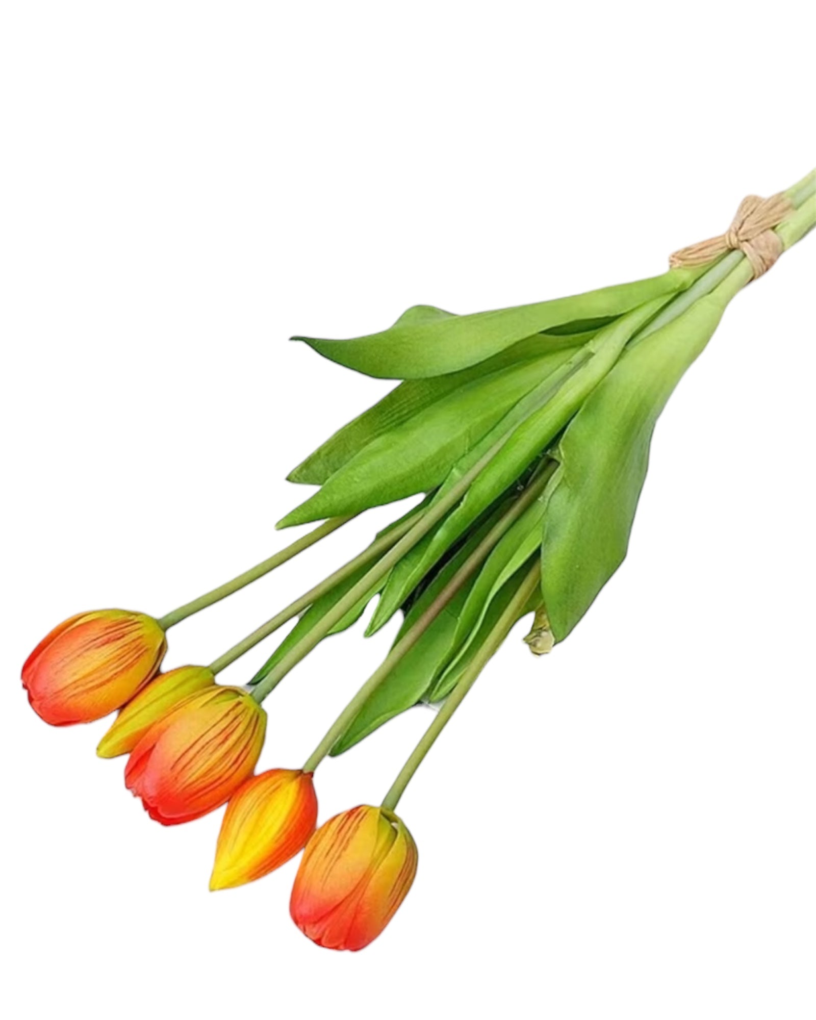 Bunch of 5 artificial tulip stems with golden sunrise petals from Starlight Express, perfect for spring floral decor.