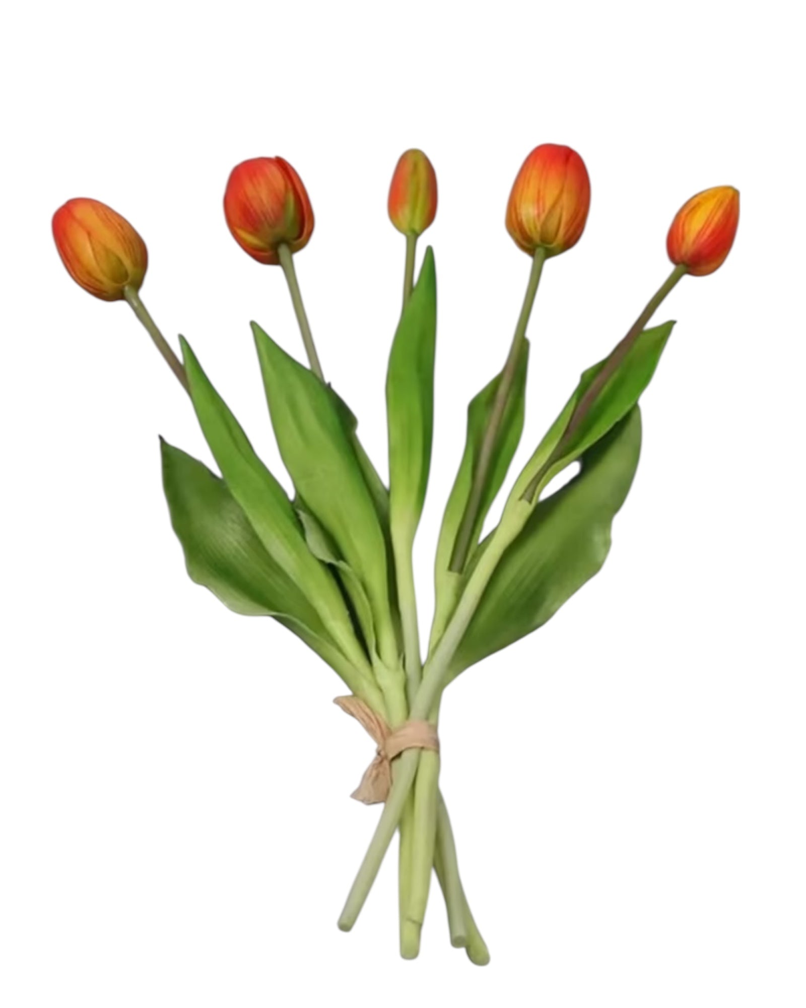 Bunch of 5 artificial tulip stems in Golden Sunrise color, from Starlight Express, showcasing spring flower details.