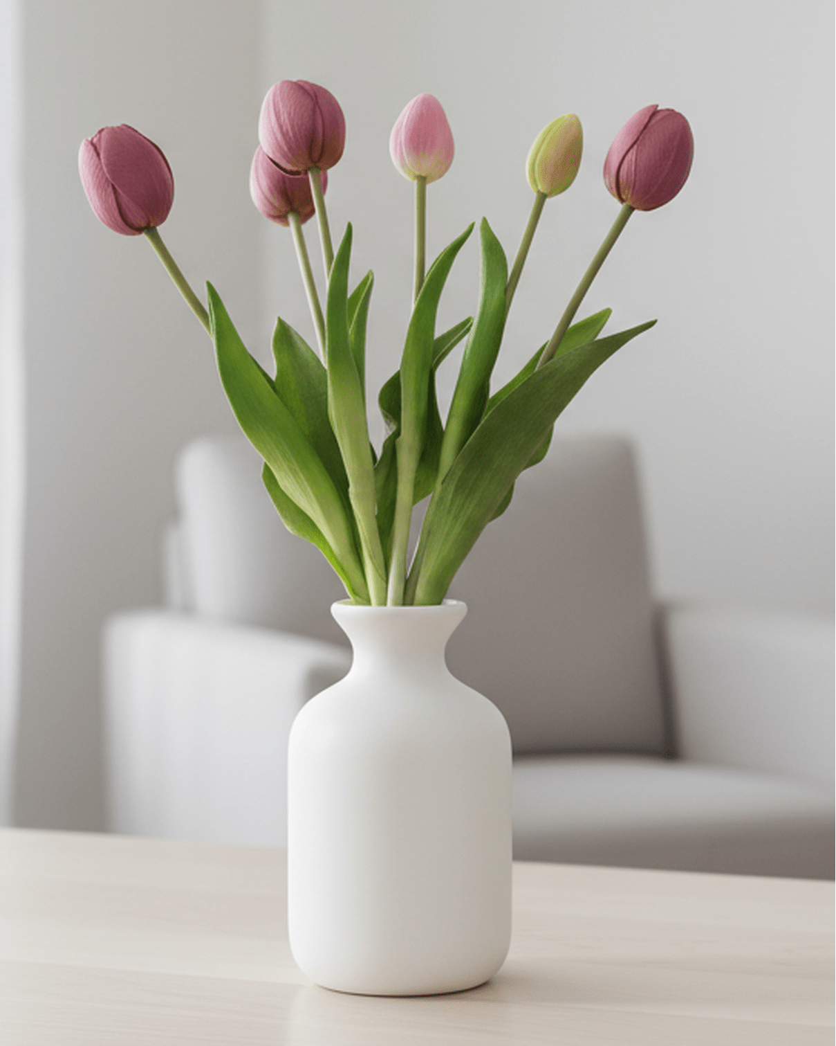 Bunch of 5 artificial tulip stems with plum-colored spring flowers from Starlight Express, realistic silk plant for home decor