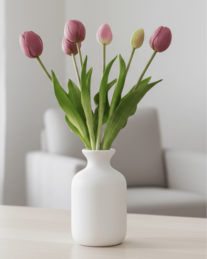 Bunch of 5 artificial tulip stems with plum-colored spring flowers from Starlight Express, realistic silk plant for home decor