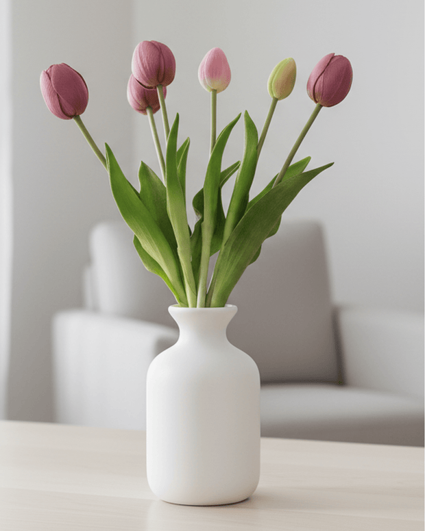 Bunch of 5 artificial tulip stems in plum color, spring flowers by Starlight Express, realistic floral arrangement for home decor