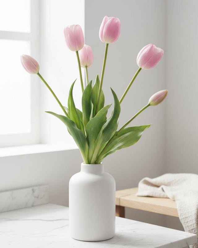 Bunch of 5 soft pink artificial tulip stems from Starlight Express, perfect for spring floral arrangements.