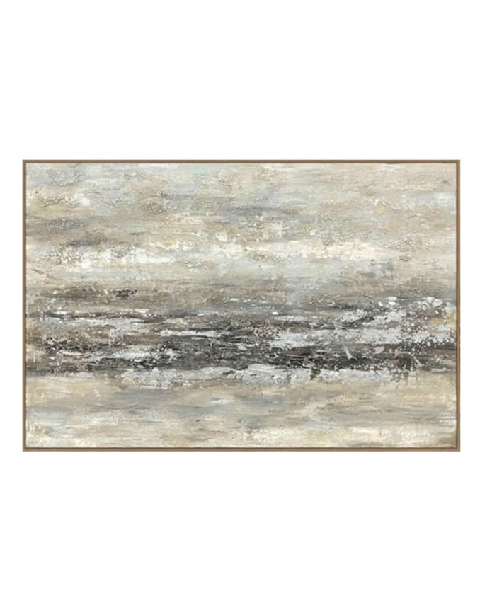 Neutral abstract traverse wooden framed wall art painting on canvas by Hill Interiors, featuring modern, artistic design.