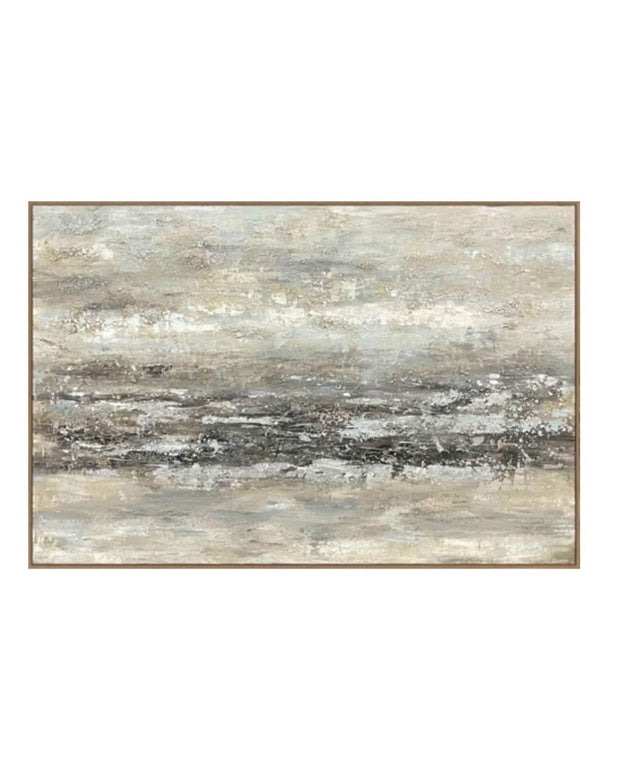 Neutral abstract traverse wooden framed wall art painting on canvas by Hill Interiors, featuring modern, artistic design.