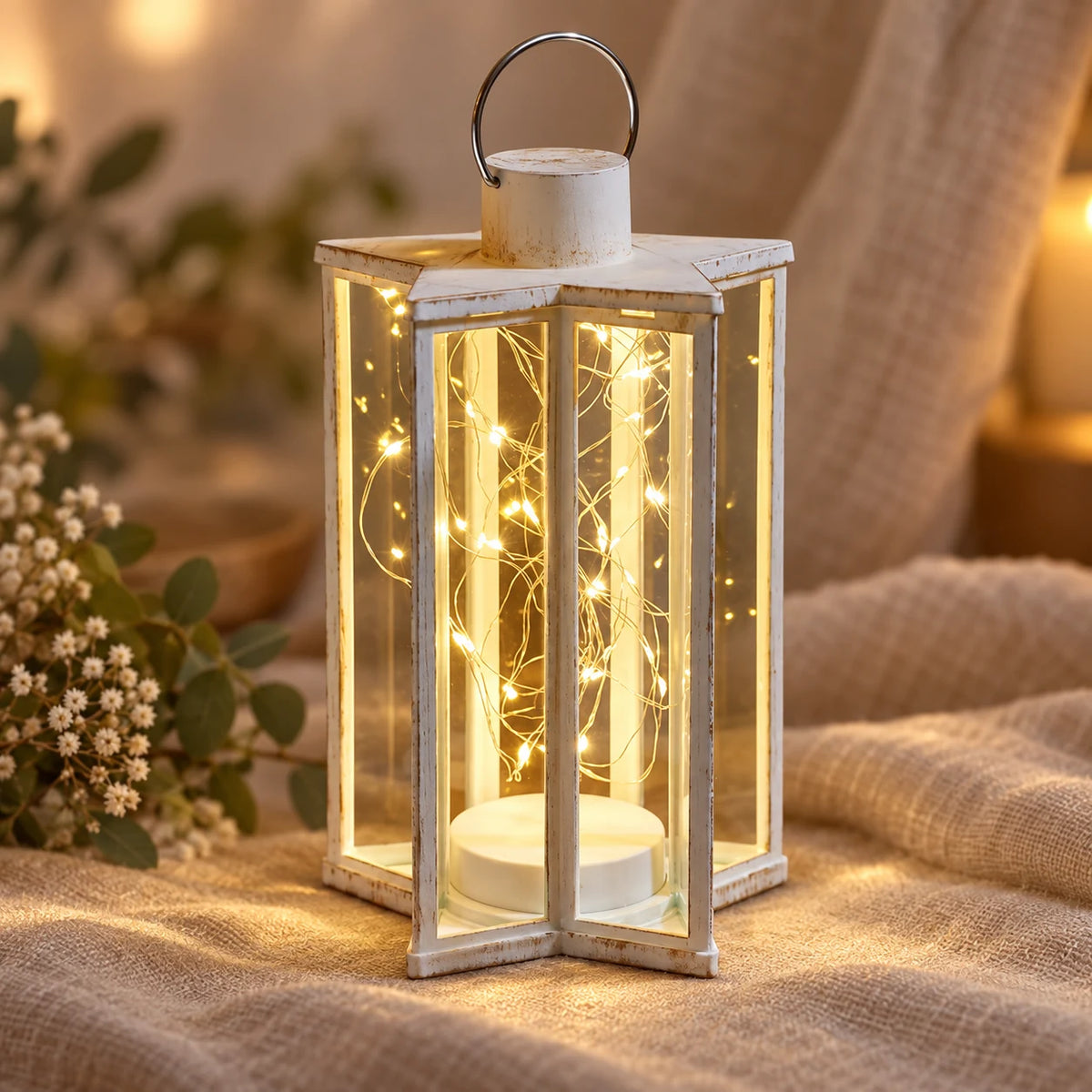Cream Starlight lantern with warm lights styled on soft neutral fabric.