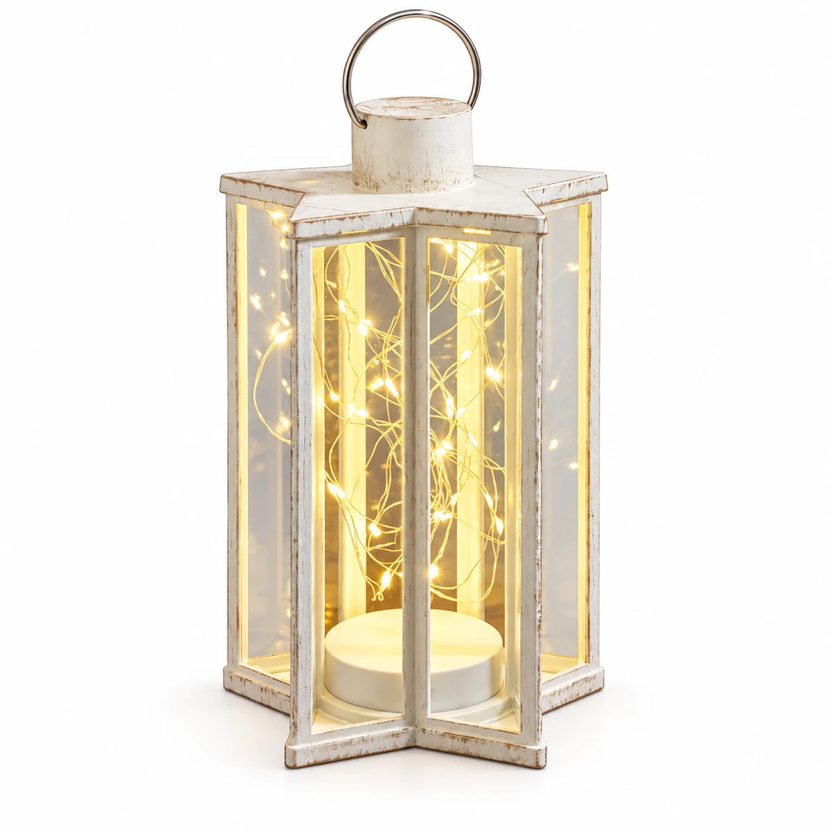Cream Starlight lantern showing its clear panels and delicate warm light wires against white.