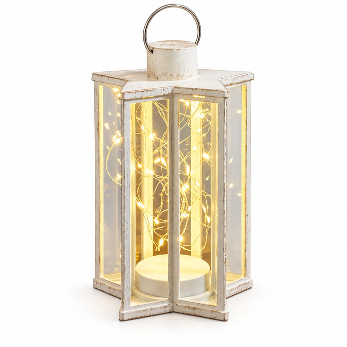 Cream Starlight lantern showing its clear panels and delicate warm light wires against white.
