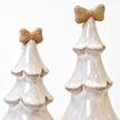 Medium and large stone-glazed ceramic Christmas trees with cream bows, showing a close-up of their ceramic bows and scalloped branches.