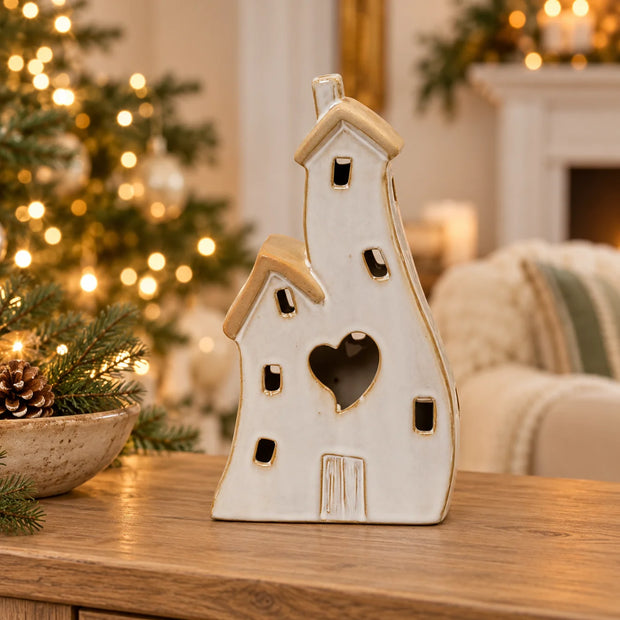 Satchville stone glazed ceramic twin house Christmas ornament in a heart-shaped design