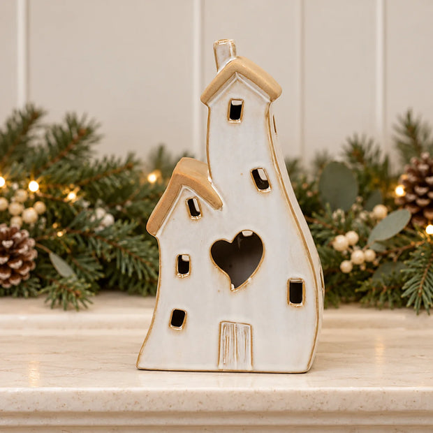 Satchville stone-glazed ceramic twin house Christmas ornament, 22cm mantel decoration