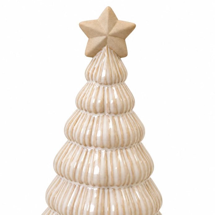 Close-up of beige star and glossy ribbed ceramic tiers
