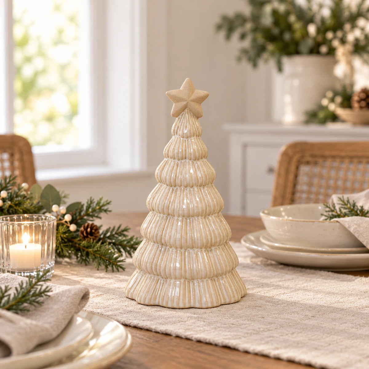 Stone glazed Christmas tree styled on a festive dining table
