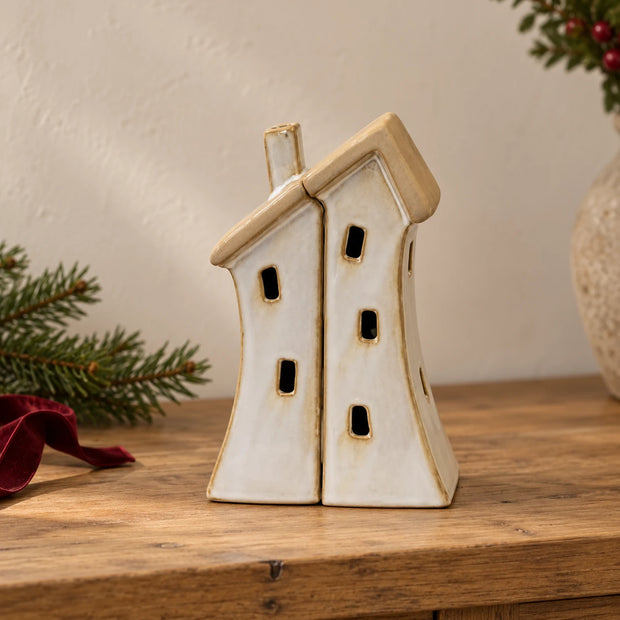 Stone-glazed ceramic twin house Christmas ornament by Satchville