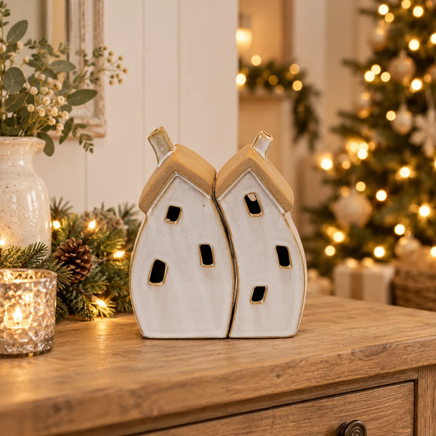 Satchville stone-glazed ceramic twin house Christmas ornament with two miniature homes and textured finish