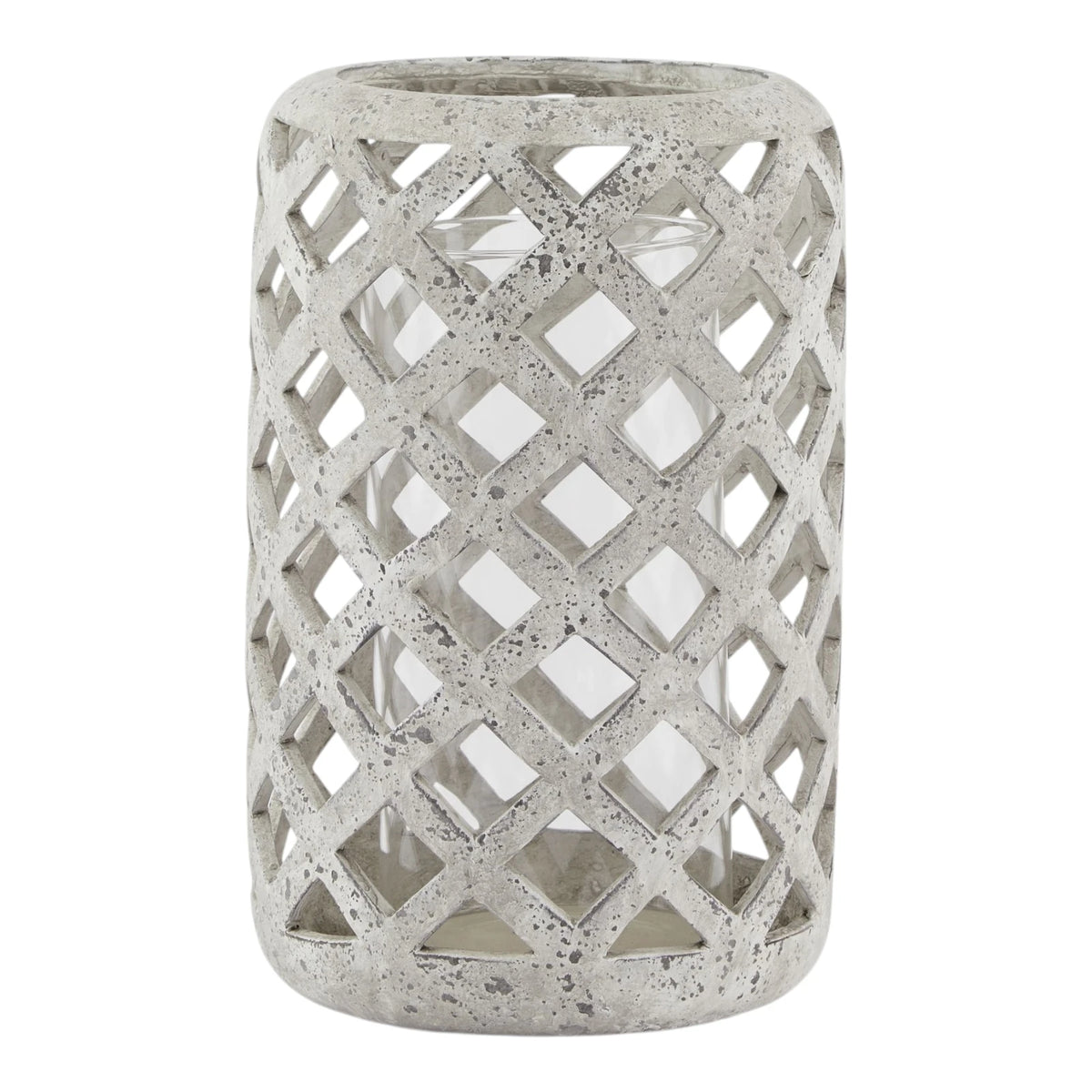 Stone lattice hurricane lantern for home decor by Hill Interiors, featuring a textured stone exterior and glass interior for ambient lighting.