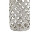 Stone lattice hurricane lantern for home decor, featuring intricate stone detailing and a glass enclosure for candle display.