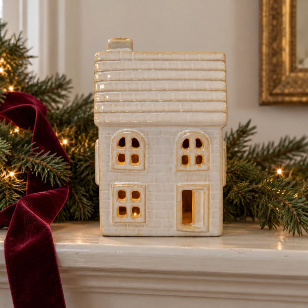 Stoneglazed ceramic LED Christmas house ornament by Satchville, decorative traditional holiday decor for mantel or tabletop displays.