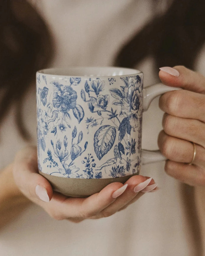 Blue Delft stoneware coffee mug by Sweet Water Decor, featuring intricate blue and white floral patterns for kitchen and dining.