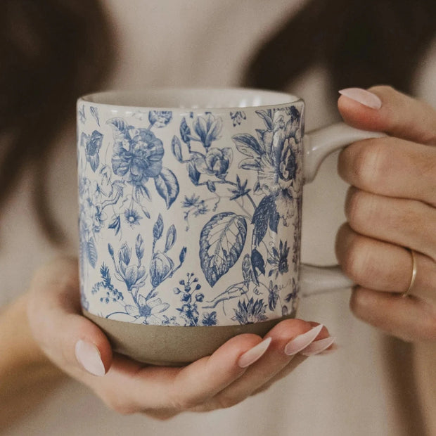 Blue Delft stoneware coffee mug by Sweet Water Decor, featuring intricate blue and white floral patterns for kitchen and dining.