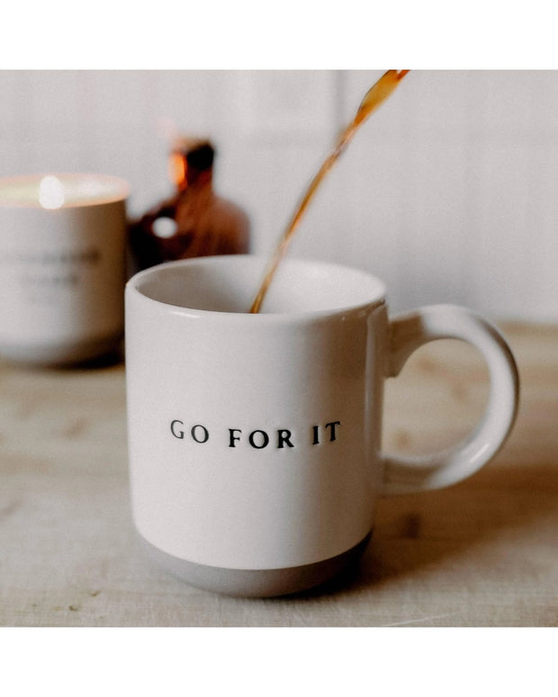 Cream glazed ceramic mug by Sweet Water Decor, 14oz, featuring motivational "Go For It" text, perfect for kitchen and dining use.