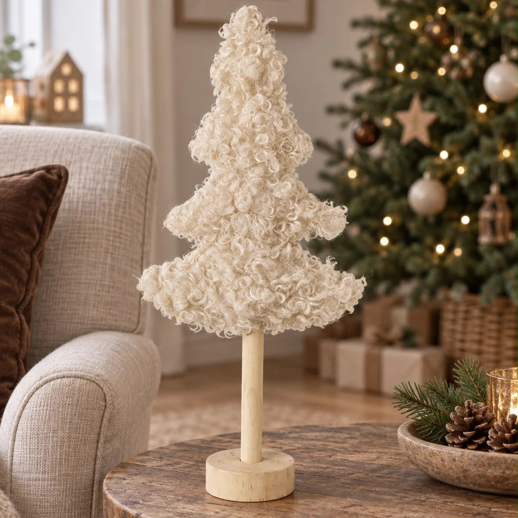 Cream tall boucle Christmas tree with wooden base, decorative holiday centerpiece by Heaven Sends