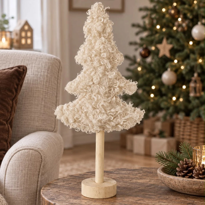 Cream tall boucle Christmas tree with wooden base, decorative holiday centerpiece by Heaven Sends