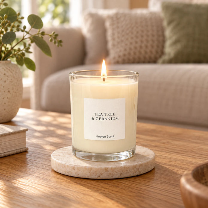 Heaven Scent Tea Tree And Geranium Medium Candle, lit in clear glass on a stone coaster in a living room
