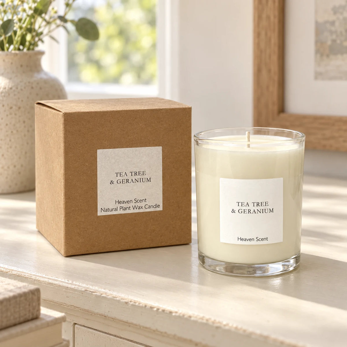 Heaven Scent Tea Tree And Geranium Medium Candle, unlit with its brown kraft box on a cream console