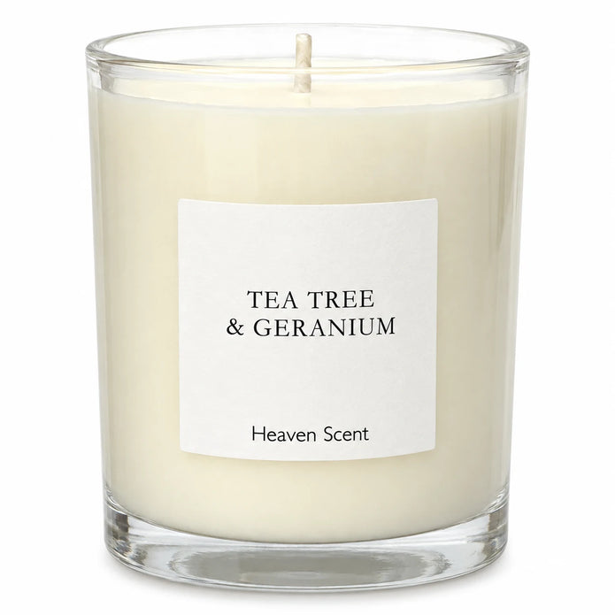 Heaven Scent Tea Tree And Geranium Medium Candle, close-up of the fragrance label and clear glass