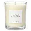 Heaven Scent Tea Tree And Geranium Medium Candle, close-up of the fragrance label and clear glass